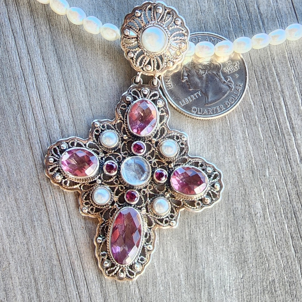 Nicky Butler Sterling Silver Pink Quartz Rhodolite Cross Pendant Pearl Necklace